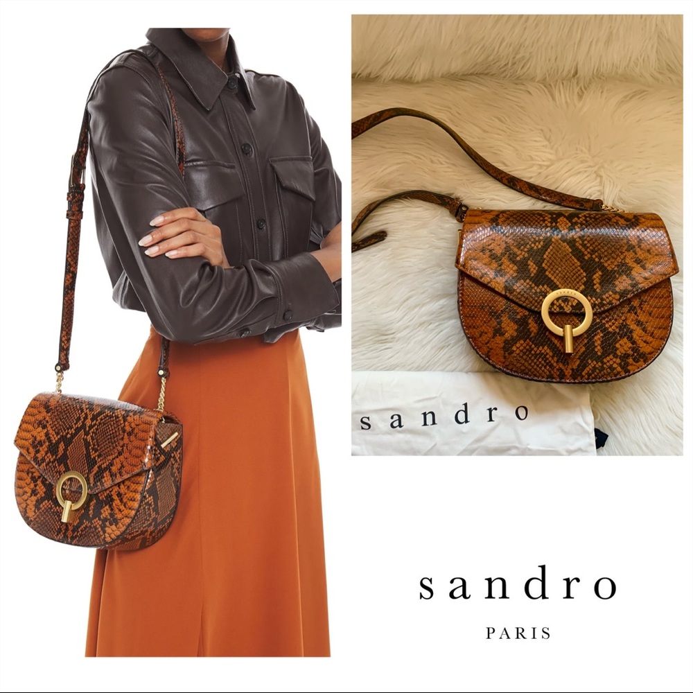 New! SANDRO Snakeskin Ring Flap Crossbody Bag